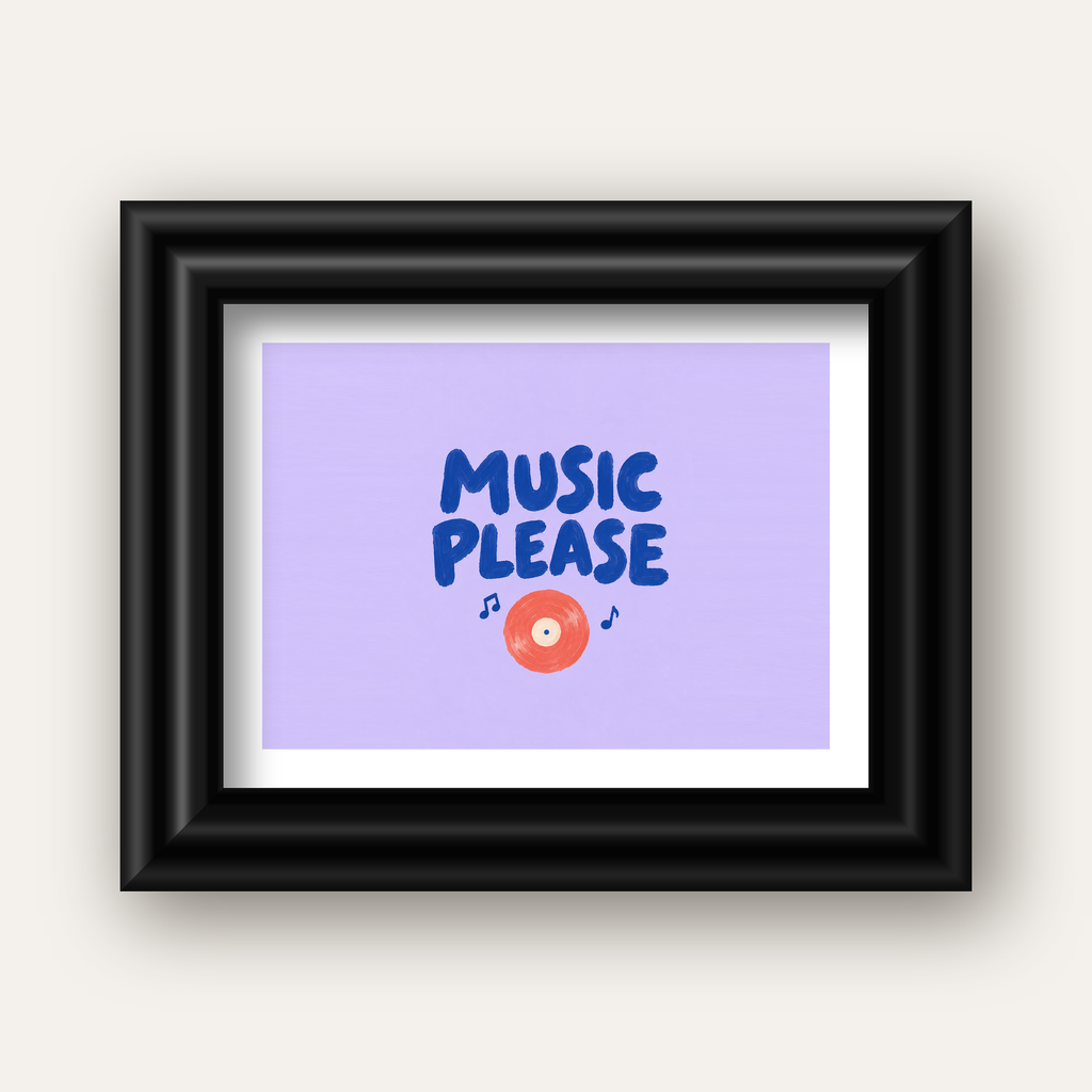 Müzik Temalı Tipografik Poster – MUSIC PLEASE El Boyaması — siyah galeri çerçeveli paspartulu