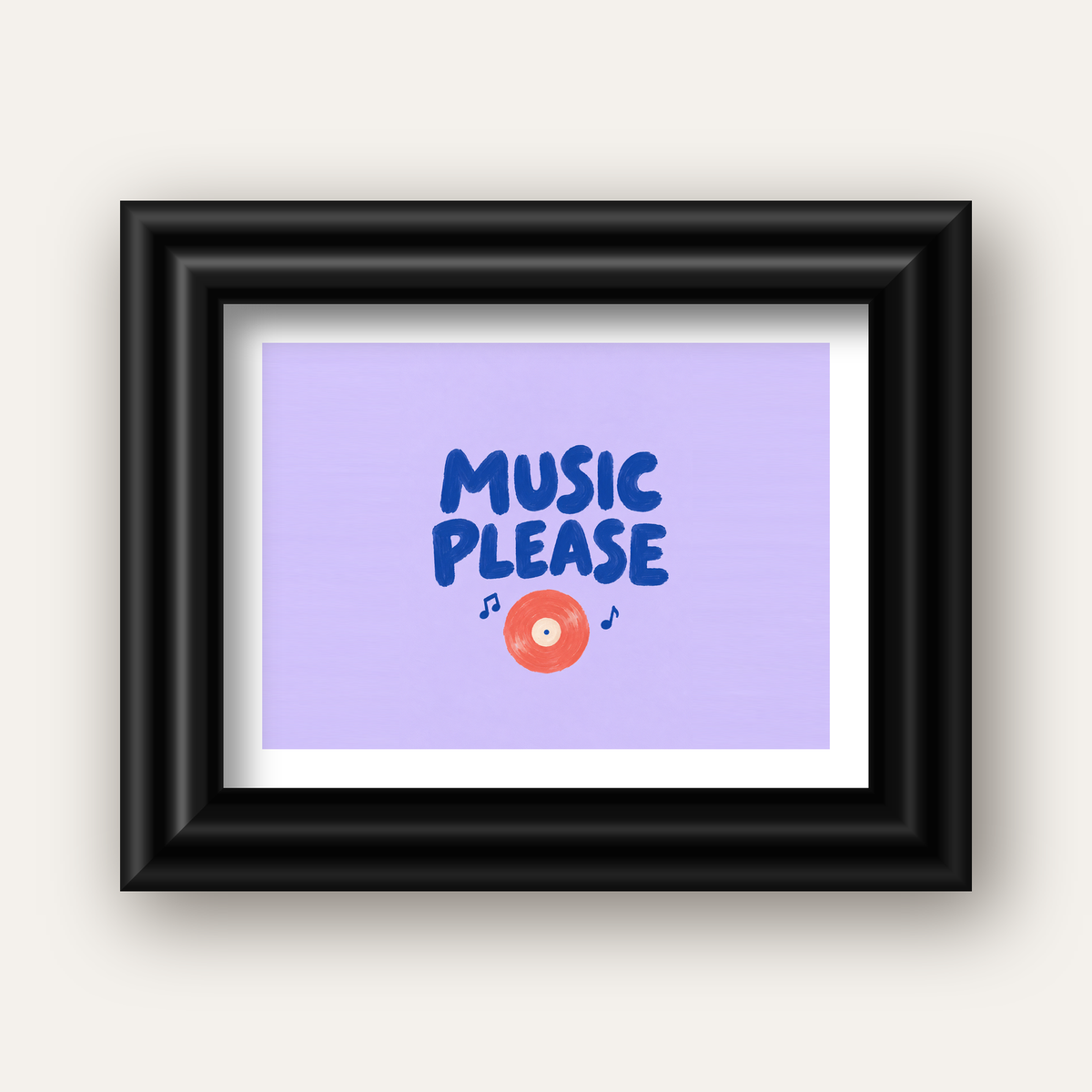 Müzik Temalı Tipografik Poster – MUSIC PLEASE El Boyaması — siyah galeri çerçeveli paspartulu