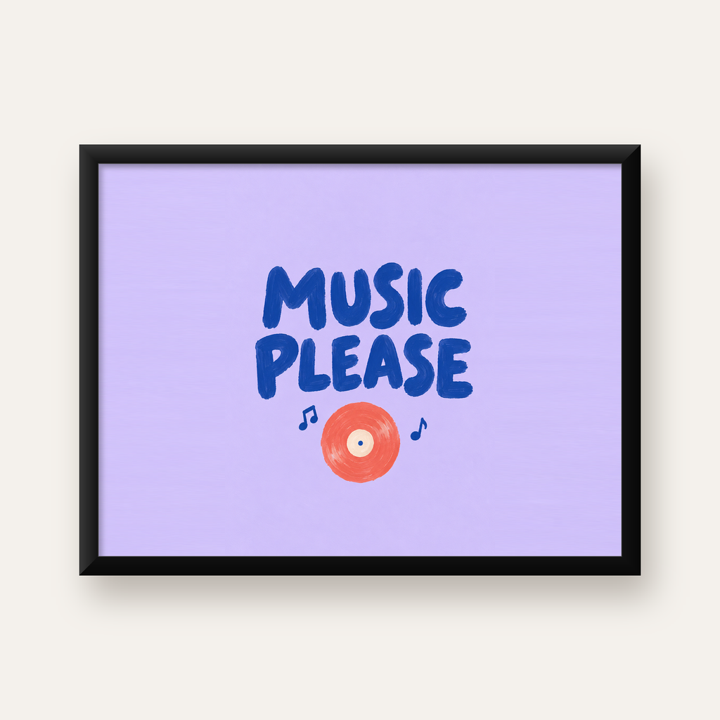 Müzik Temalı Tipografi Poster – Music Please Renkli Tasarım — Yatay baskı, düz siyah çerçeveli duvar posteri