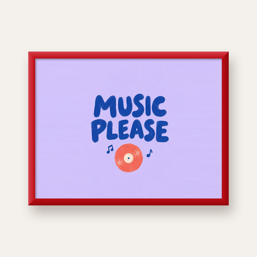 Müzik Temalı Tipografik Poster – MUSIC PLEASE El Boyaması — kırmızı çerçeveli