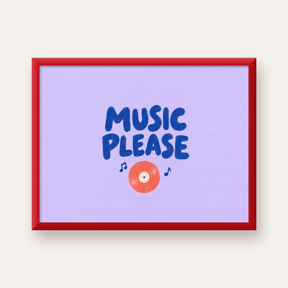 Müzik Temalı Tipografik Poster – MUSIC PLEASE El Boyaması — kırmızı çerçeveli