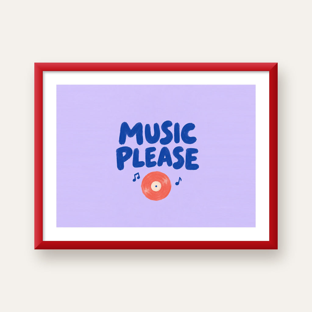 Müzik Temalı Tipografik Poster – MUSIC PLEASE El Boyaması — kırmızı çerçeveli paspartulu