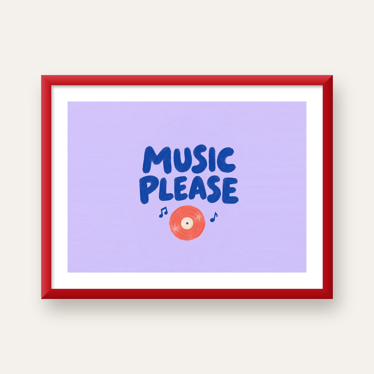 Müzik Temalı Tipografik Poster – MUSIC PLEASE El Boyaması — kırmızı çerçeveli paspartulu