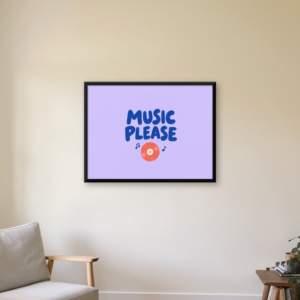Müzik Temalı Tipografi Poster – Music Please Renkli Tasarım — Yatay baskı, çerçeveli hâliyle bir ev duvarında