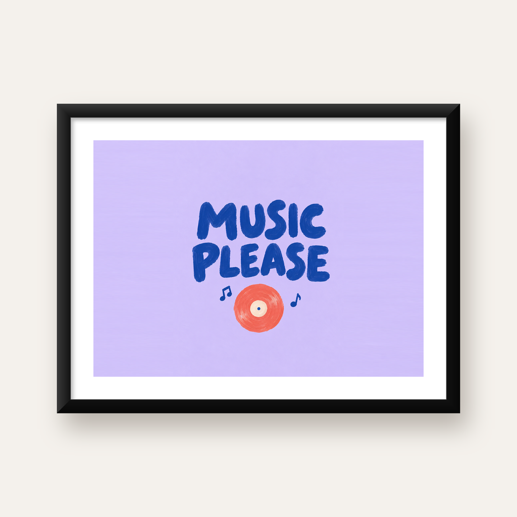 Müzik Temalı Tipografi Poster – Music Please Renkli Tasarım — Yatay baskı, beyaz kenar boşluklu