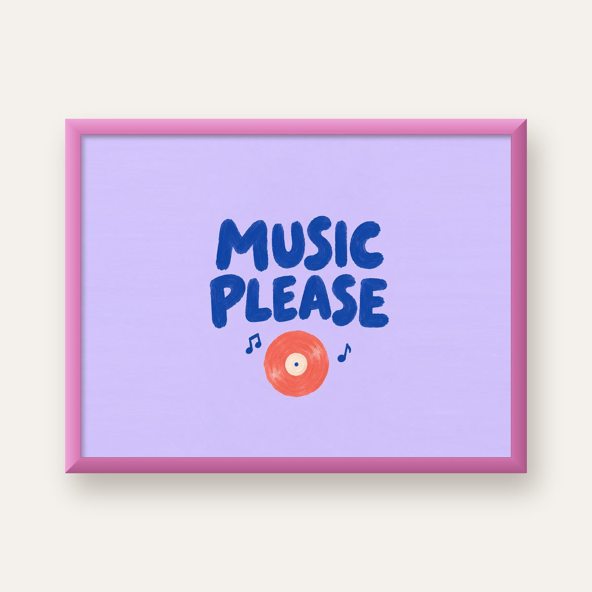 Müzik Temalı Tipografik Poster – MUSIC PLEASE El Boyaması — pembe çerçeveli