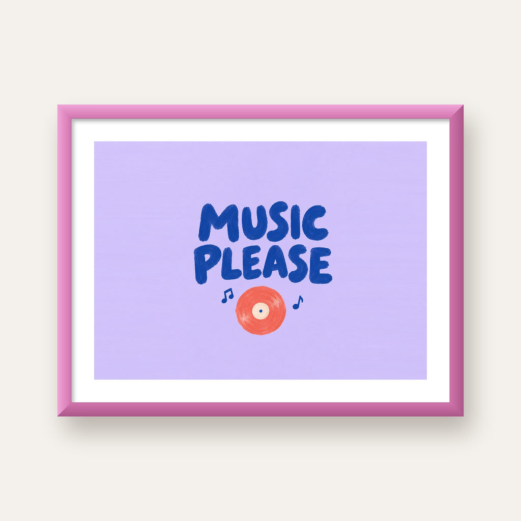 Müzik Temalı Tipografik Poster – MUSIC PLEASE El Boyaması — pembe çerçeveli paspartulu