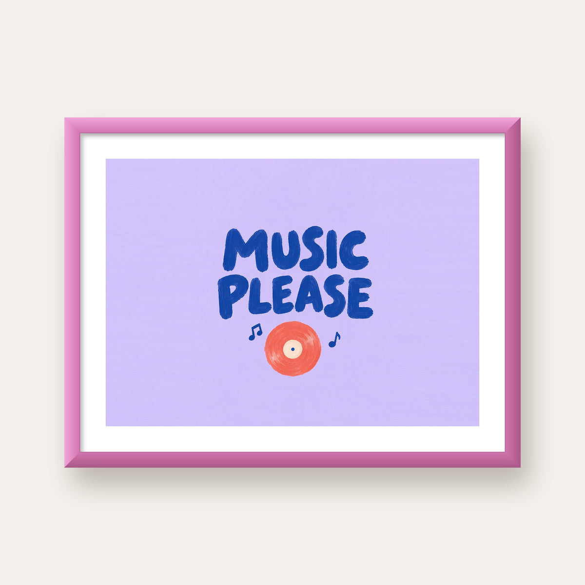 Müzik Temalı Tipografik Poster – MUSIC PLEASE El Boyaması — pembe çerçeveli paspartulu