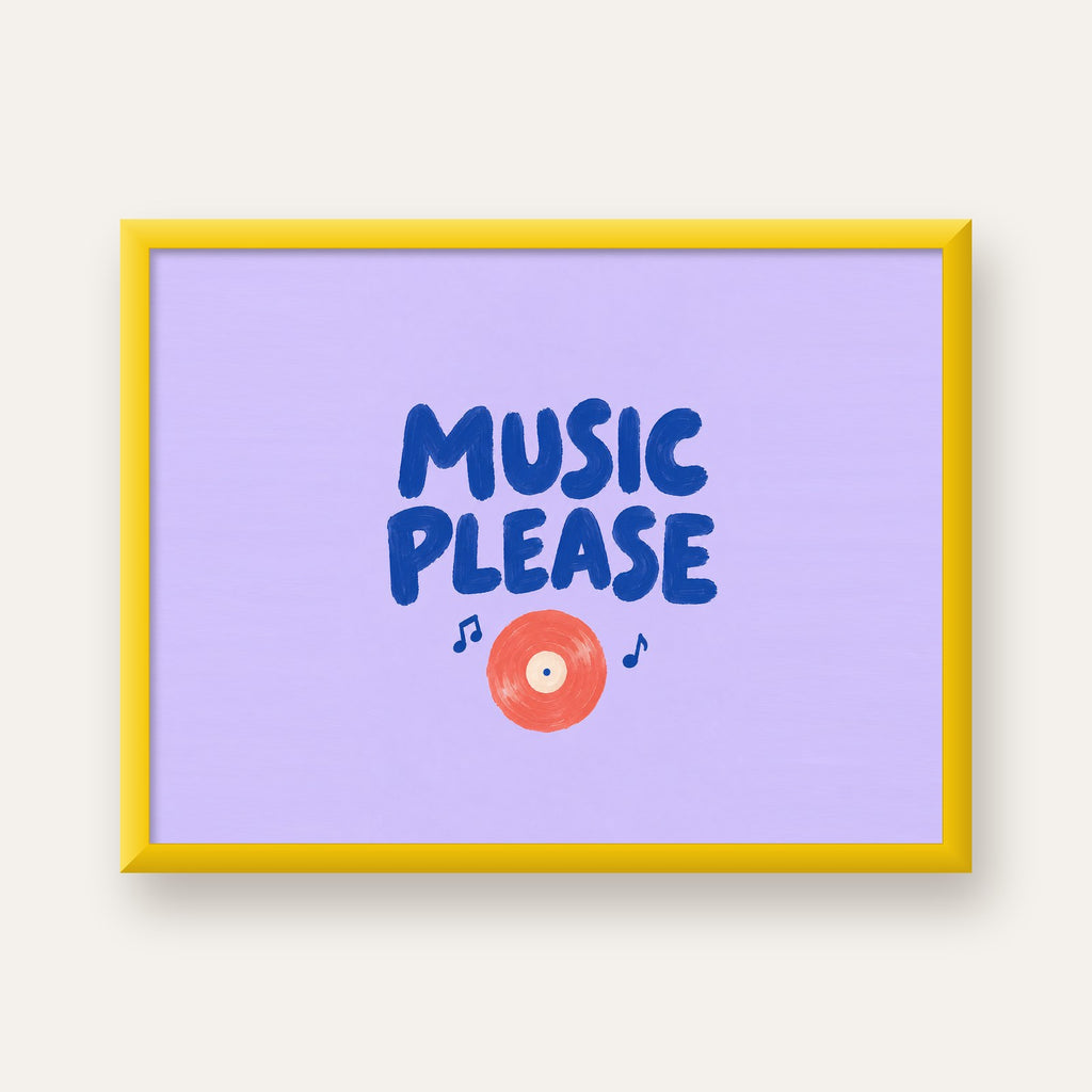Müzik Temalı Tipografik Poster – MUSIC PLEASE El Boyaması — sarı çerçeveli