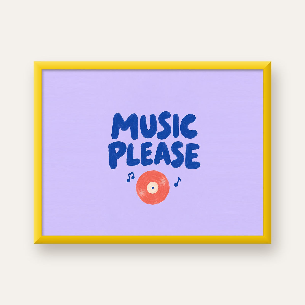 Müzik Temalı Tipografik Poster – MUSIC PLEASE El Boyaması — sarı çerçeveli