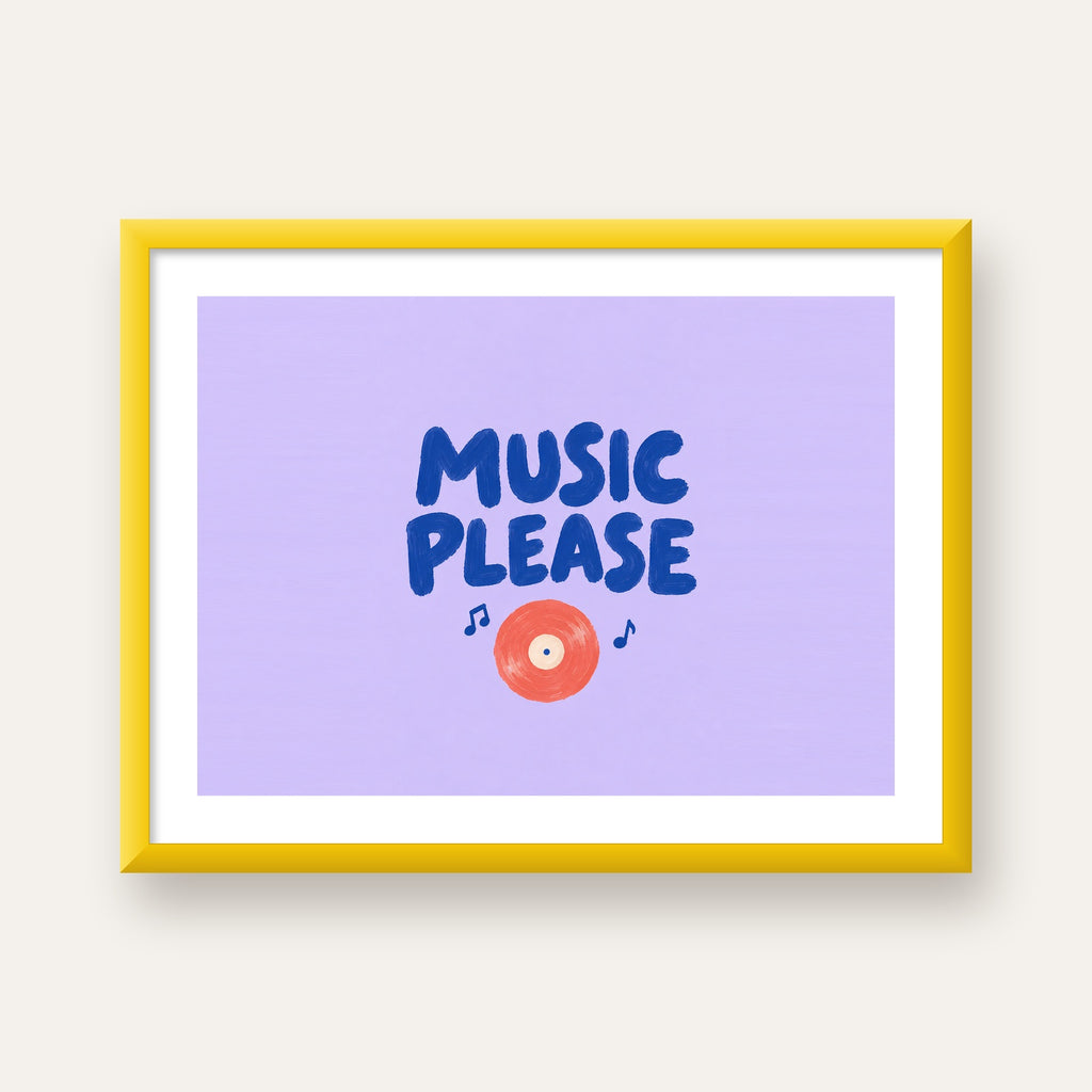 Müzik Temalı Tipografik Poster – MUSIC PLEASE El Boyaması — sarı çerçeveli paspartulu