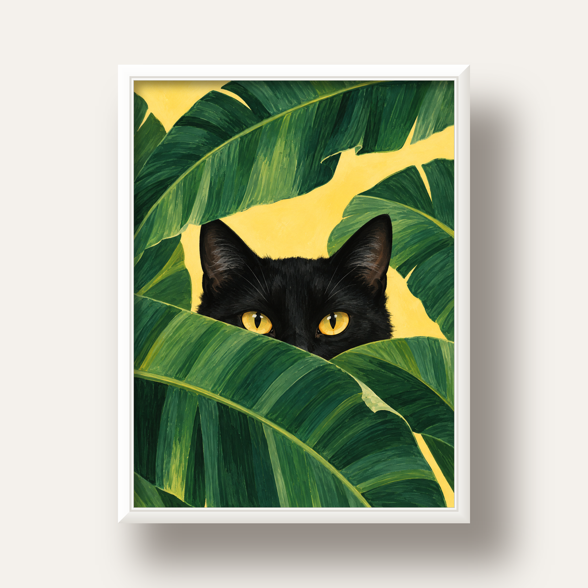 Yeşil Yapraklar Arasında Siyah Kedi Dijital Poster Baskı — beyaz derin çerçeveli