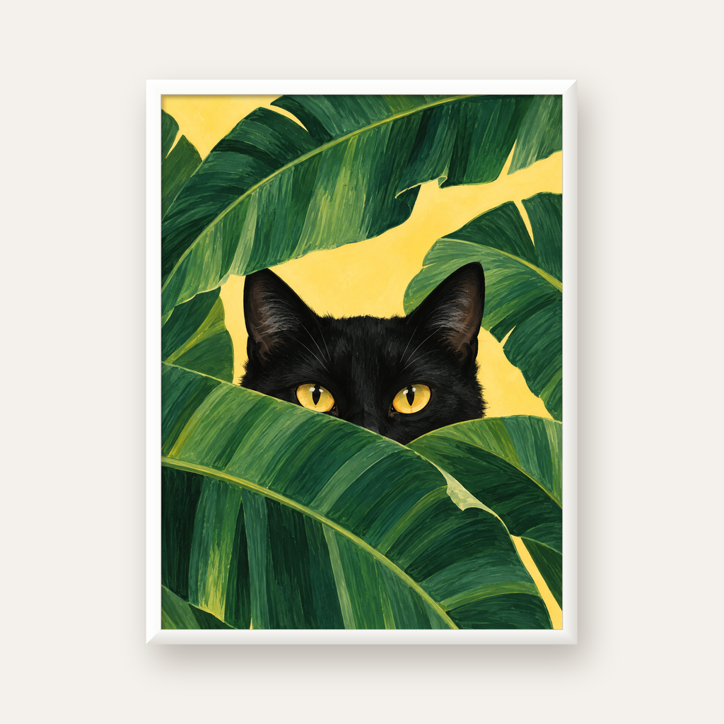 Yeşil Yapraklar Arasında Siyah Kedi Dijital Poster Baskı — beyaz çerçeveli dikey poster