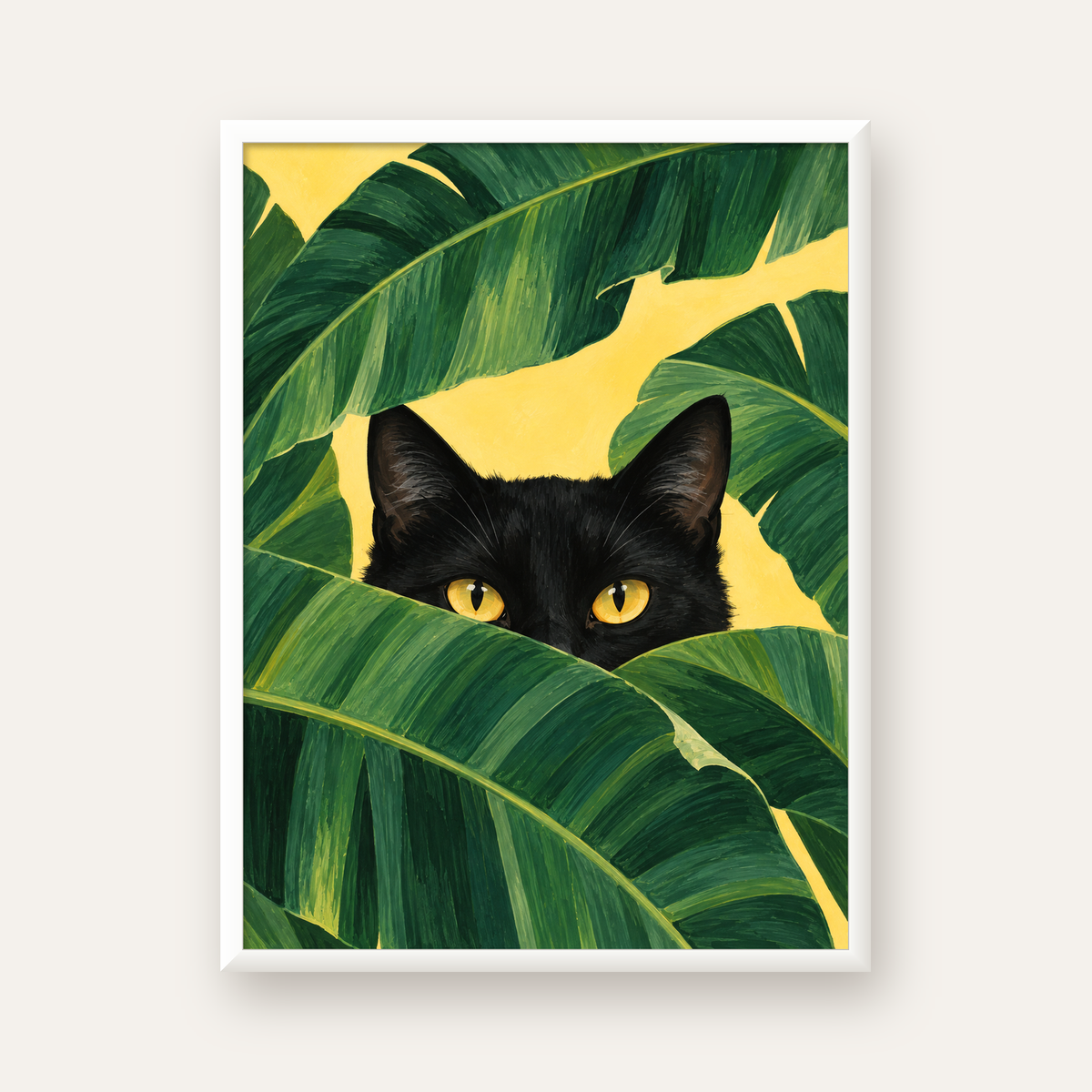 Yeşil Yapraklar Arasında Siyah Kedi Dijital Poster Baskı — beyaz çerçeveli dikey poster