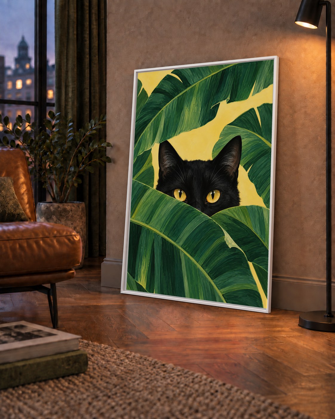 Yeşil Yapraklar Arasında Siyah Kedi Dijital Poster Baskı — çerçeveli hâliyle bir ev duvarında