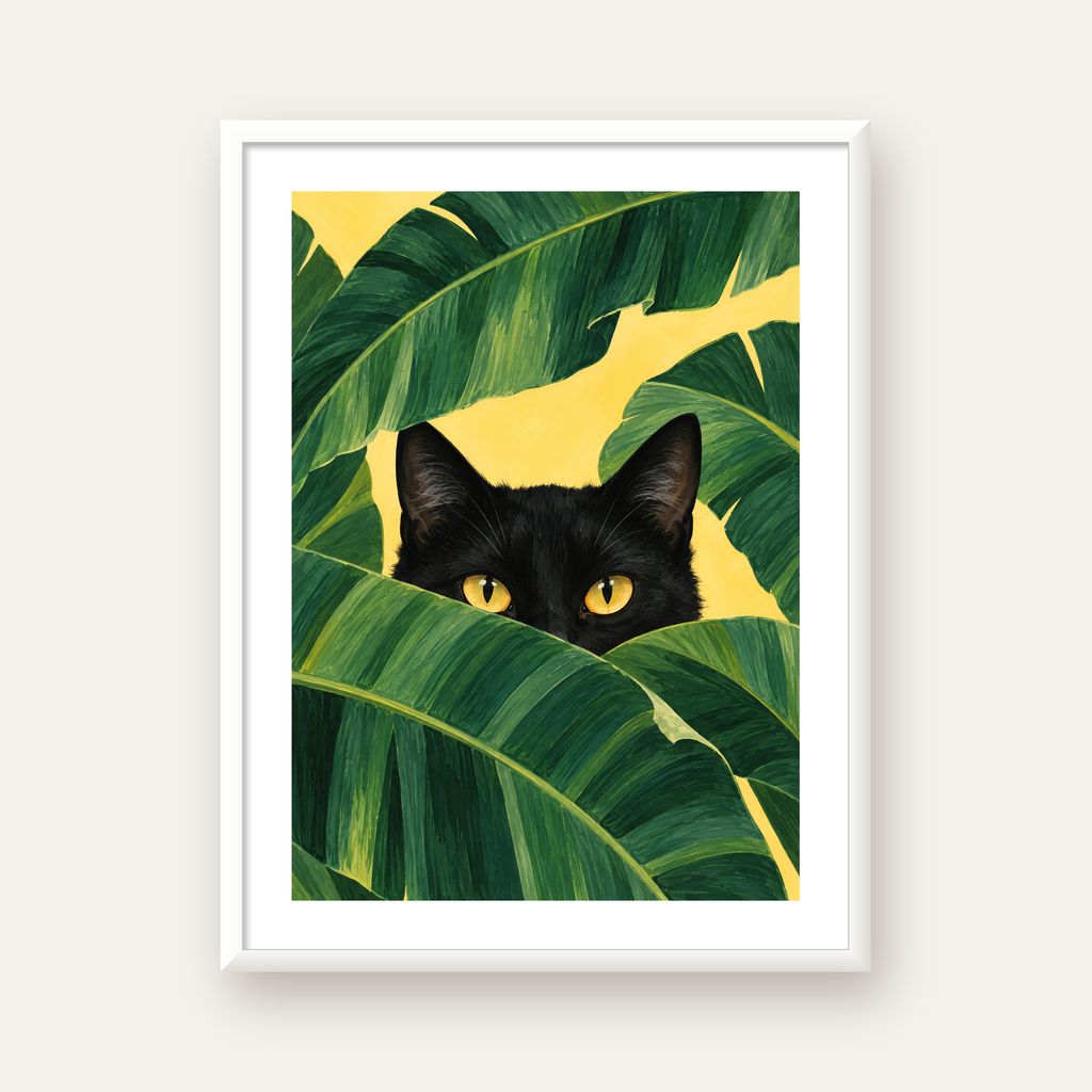 Yeşil Yapraklar Arasında Siyah Kedi Dijital Poster Baskı — beyaz çerçeveli dikey poster