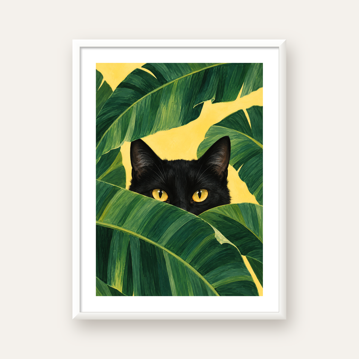Yeşil Yapraklar Arasında Siyah Kedi Dijital Poster Baskı — beyaz çerçeveli dikey poster