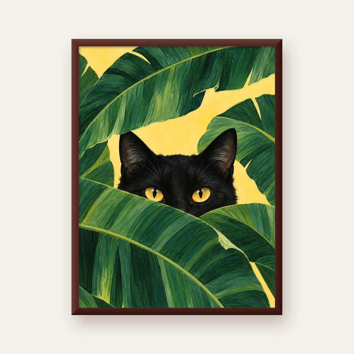 Yeşil Yapraklar Arasında Siyah Kedi Dijital Poster Baskı — ceviz çerçeveli
