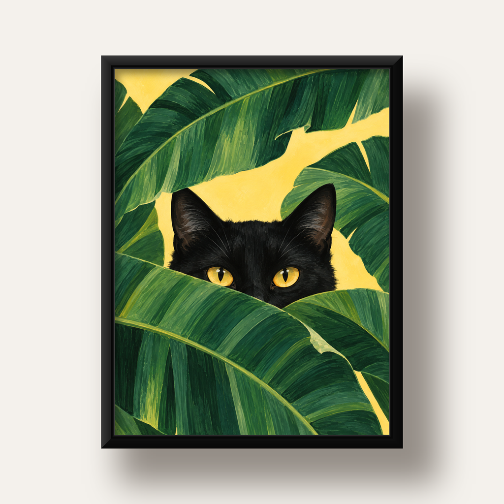 Yeşil Yapraklar Arasında Siyah Kedi Dijital Poster Baskı — siyah derin çerçeveli