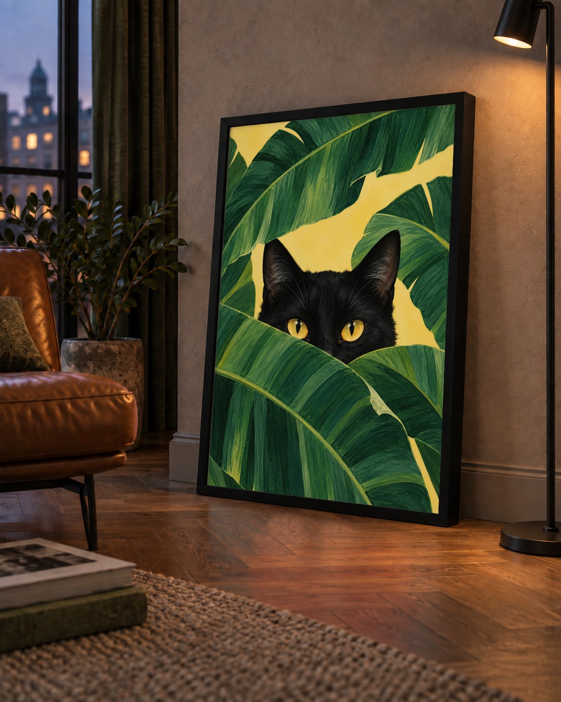 Yeşil Yapraklar Arasında Siyah Kedi Dijital Poster Baskı — çerçeveli hâliyle bir ev duvarında