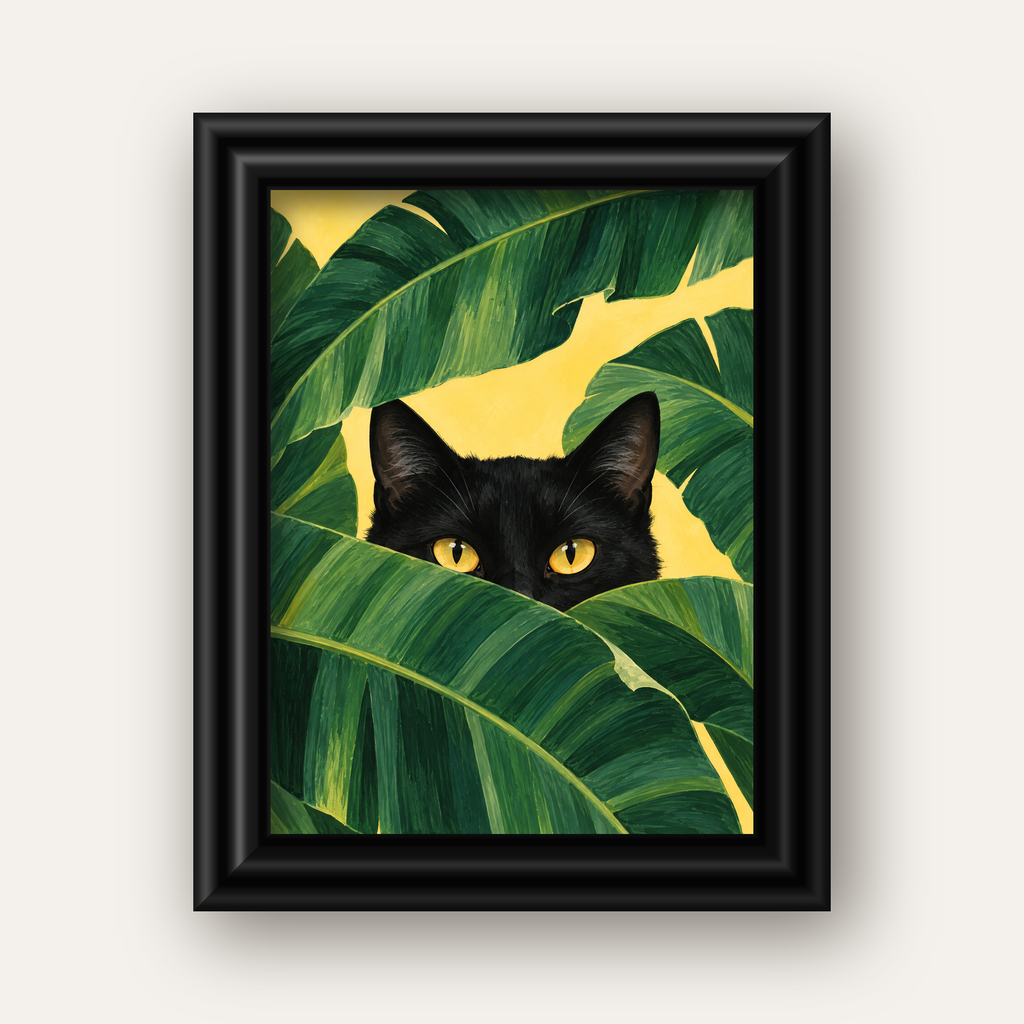 Yeşil Yapraklar Arasında Siyah Kedi Dijital Poster Baskı — siyah galeri çerçeveli