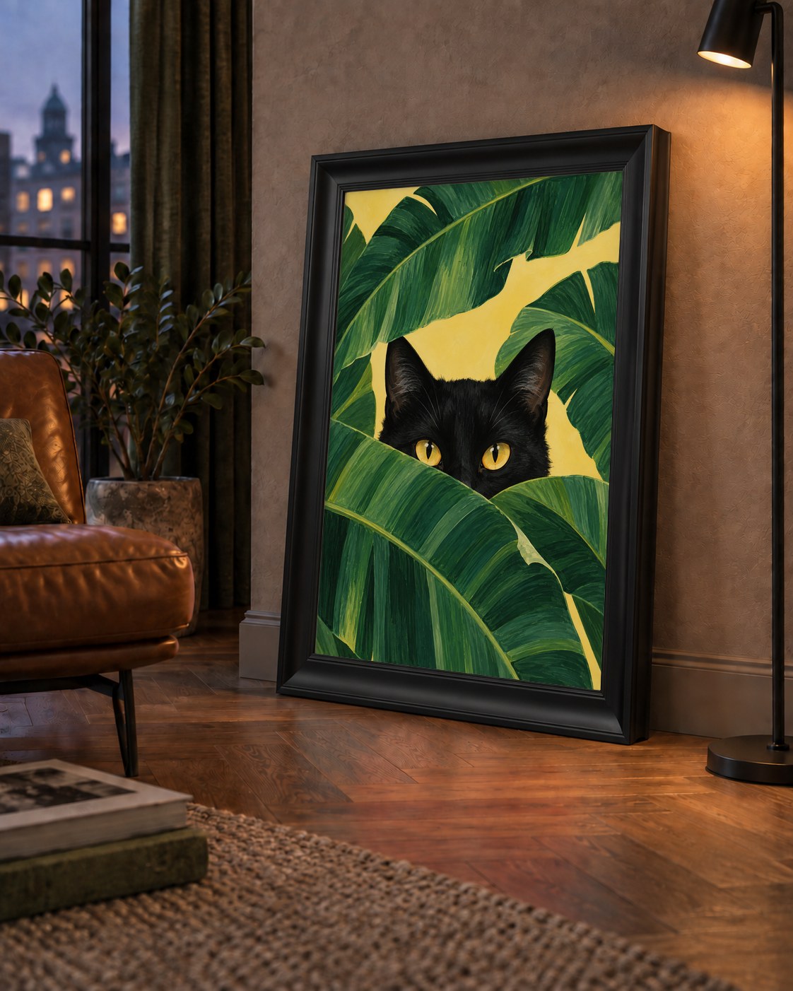 Yeşil Yapraklar Arasında Siyah Kedi Dijital Poster Baskı — çerçeveli hâliyle bir ev duvarında