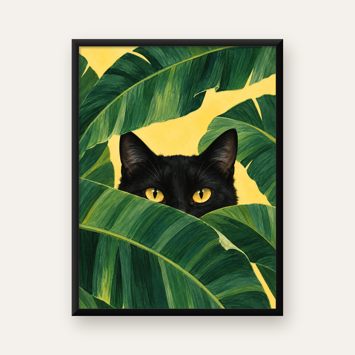 Yeşil Yapraklar Arasında Siyah Kedi Dijital Poster Baskı — Dikey baskı, düz siyah çerçeveli duvar posteri
