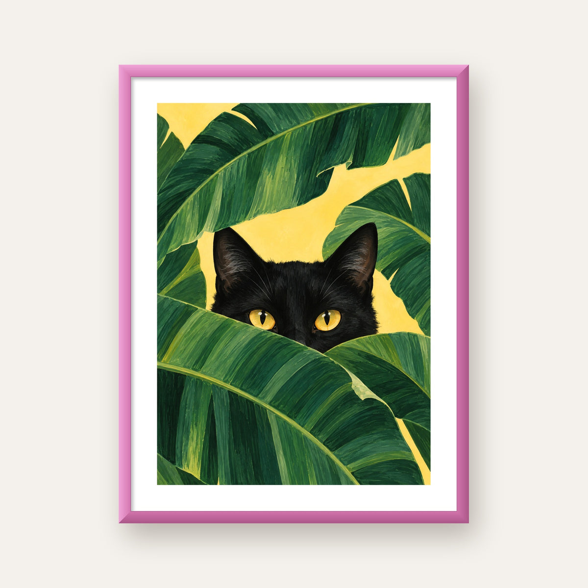 Yeşil Yapraklar Arasında Siyah Kedi Dijital Poster Baskı — pembe çerçeveli paspartulu