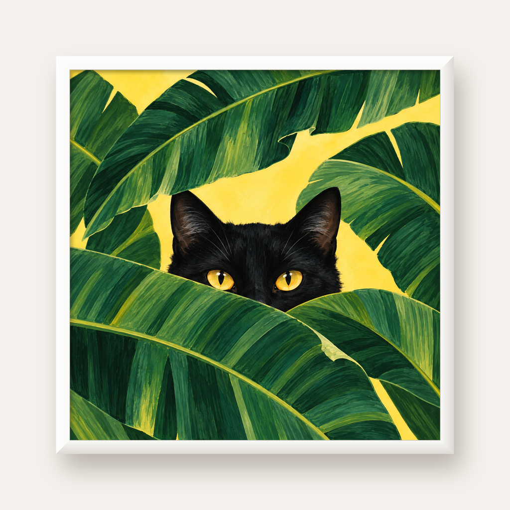 Yeşil Yapraklar Arasında Siyah Kedi Dijital Poster Baskı — beyaz çerçeveli kare poster