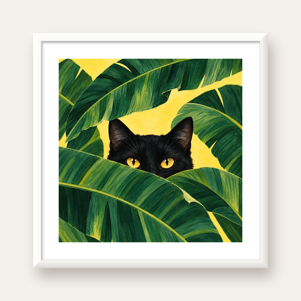 Yeşil Yapraklar Arasında Siyah Kedi Dijital Poster Baskı — beyaz çerçeveli kare poster