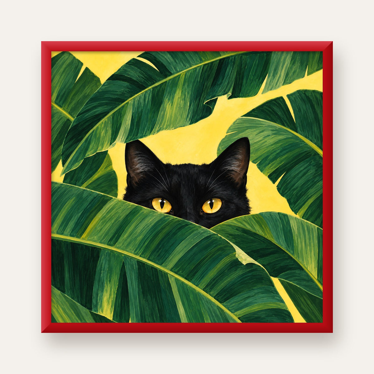 Yeşil Yapraklar Arasında Siyah Kedi Dijital Poster Baskı — kırmızı çerçeveli