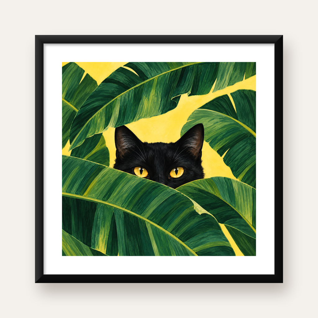 Yeşil Yapraklar Arasında Siyah Kedi Dijital Poster Baskı — Kare baskı, beyaz paspartulu
