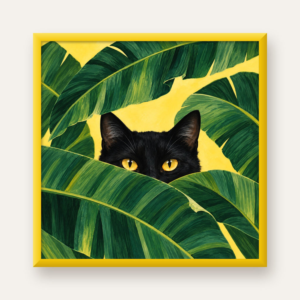 Yeşil Yapraklar Arasında Siyah Kedi Dijital Poster Baskı — sarı çerçeveli