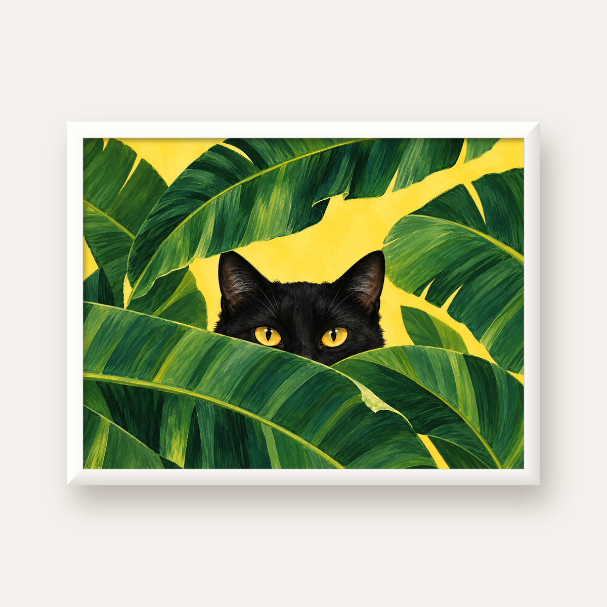 Yeşil Yapraklar Arasında Siyah Kedi Dijital Poster Baskı — beyaz çerçeveli yatay poster