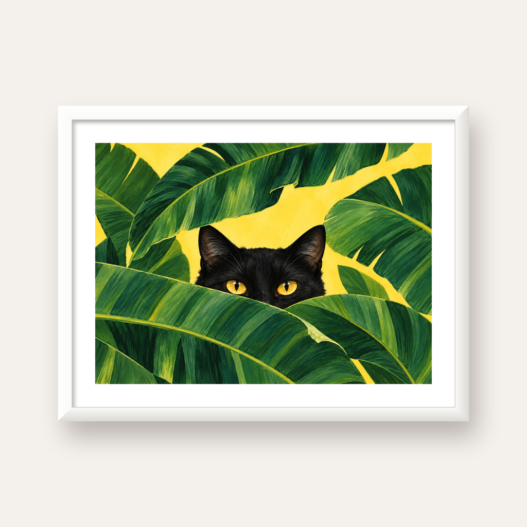 Yeşil Yapraklar Arasında Siyah Kedi Dijital Poster Baskı — beyaz çerçeveli yatay poster