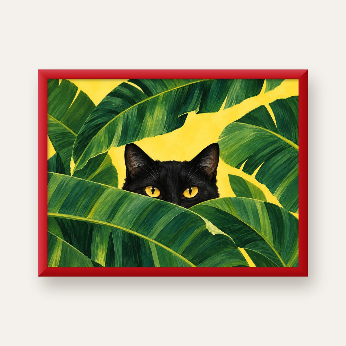 Yeşil Yapraklar Arasında Siyah Kedi Dijital Poster Baskı — kırmızı çerçeveli