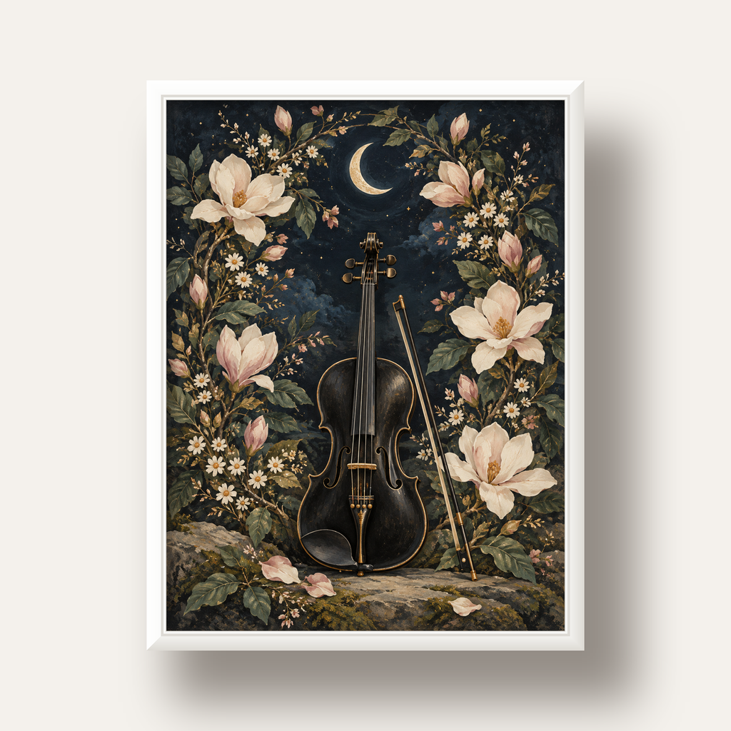 Keman ve Çiçekli Gece: Sanatsal Romantik Poster Baskı — beyaz derin çerçeveli