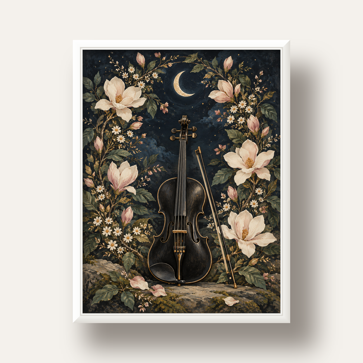 Keman ve Çiçekli Gece: Sanatsal Romantik Poster Baskı — beyaz derin çerçeveli