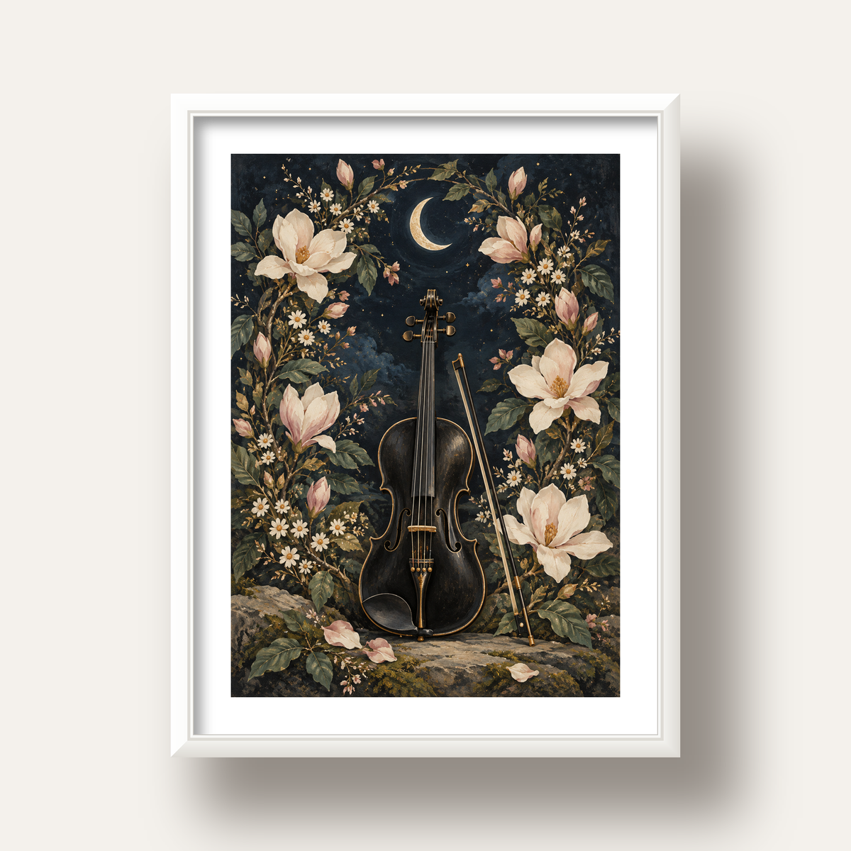 Keman ve Çiçekli Gece: Sanatsal Romantik Poster Baskı — beyaz derin çerçeveli paspartulu
