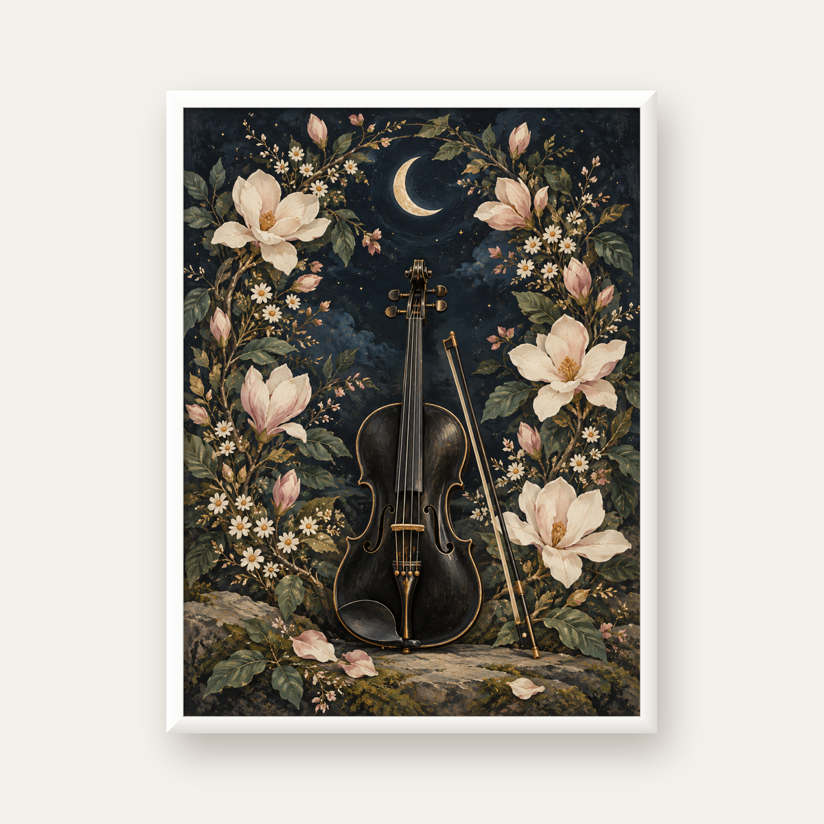 Keman ve Çiçekli Gece: Sanatsal Romantik Poster Baskı — beyaz çerçeveli dikey poster