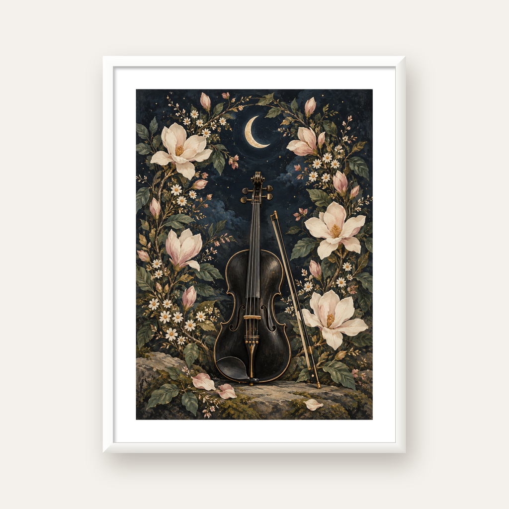 Keman ve Çiçekli Gece: Sanatsal Romantik Poster Baskı — beyaz çerçeveli dikey poster