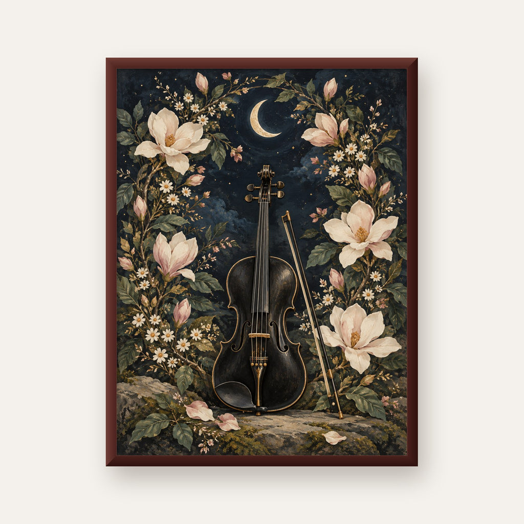Keman ve Çiçekli Gece: Sanatsal Romantik Poster Baskı — ceviz çerçeveli