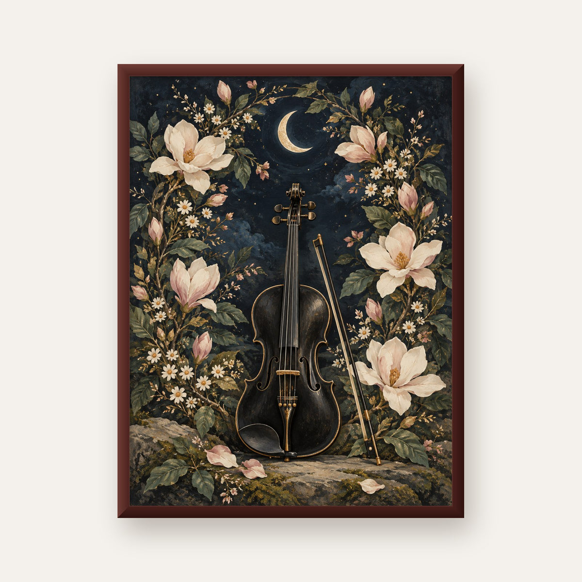Keman ve Çiçekli Gece: Sanatsal Romantik Poster Baskı — ceviz çerçeveli