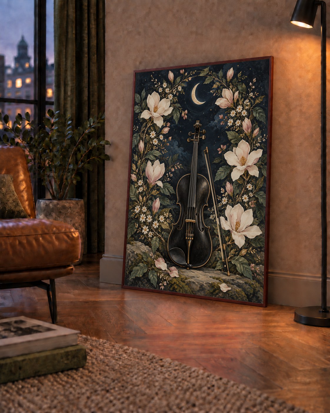 Keman ve Çiçekli Gece: Sanatsal Romantik Poster Baskı — çerçeveli hâliyle bir ev duvarında