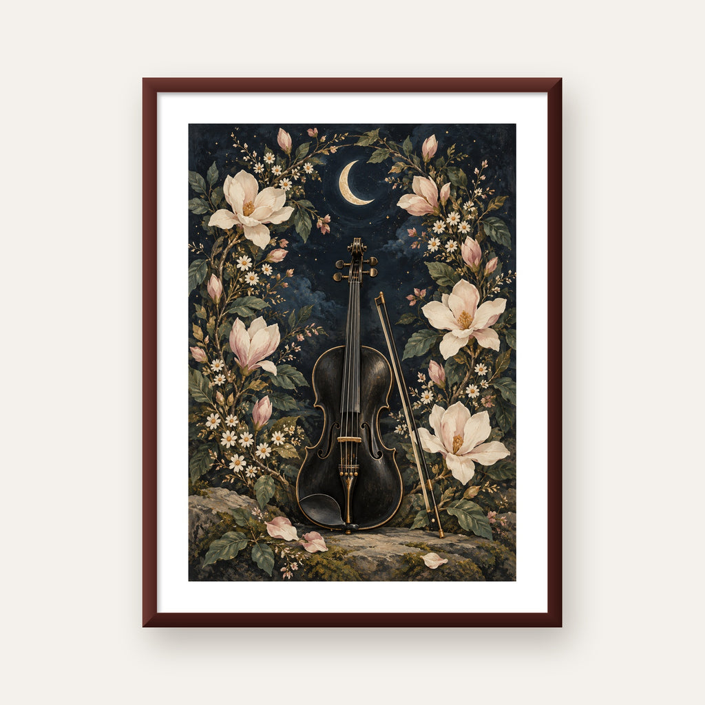 Keman ve Çiçekli Gece: Sanatsal Romantik Poster Baskı — ceviz çerçeveli paspartulu