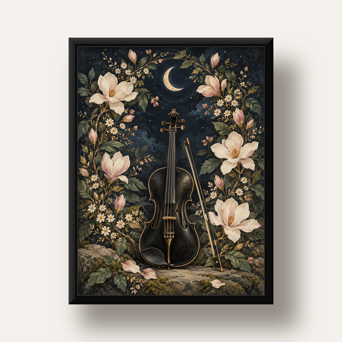 Keman ve Çiçekli Gece: Sanatsal Romantik Poster Baskı — siyah derin çerçeveli