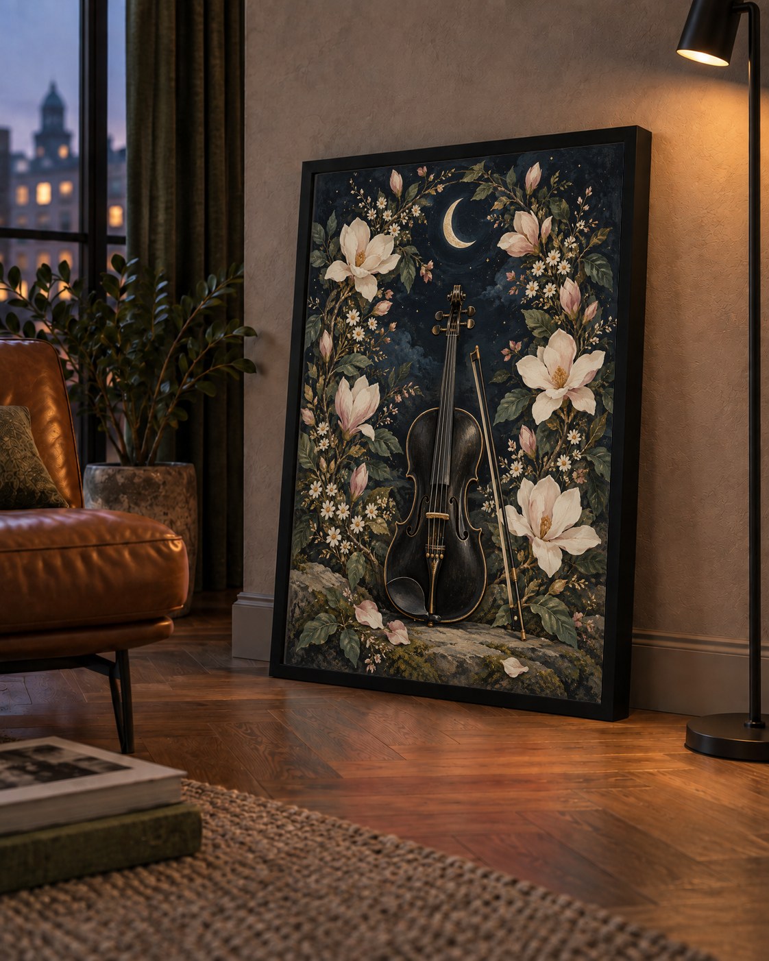 Keman ve Çiçekli Gece: Sanatsal Romantik Poster Baskı — çerçeveli hâliyle bir ev duvarında