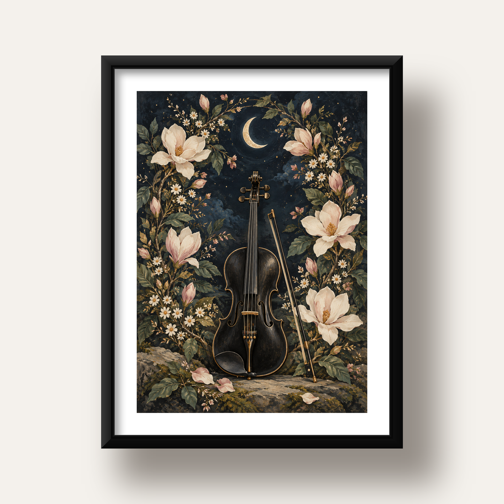 Keman ve Çiçekli Gece: Sanatsal Romantik Poster Baskı — siyah derin çerçeveli paspartulu