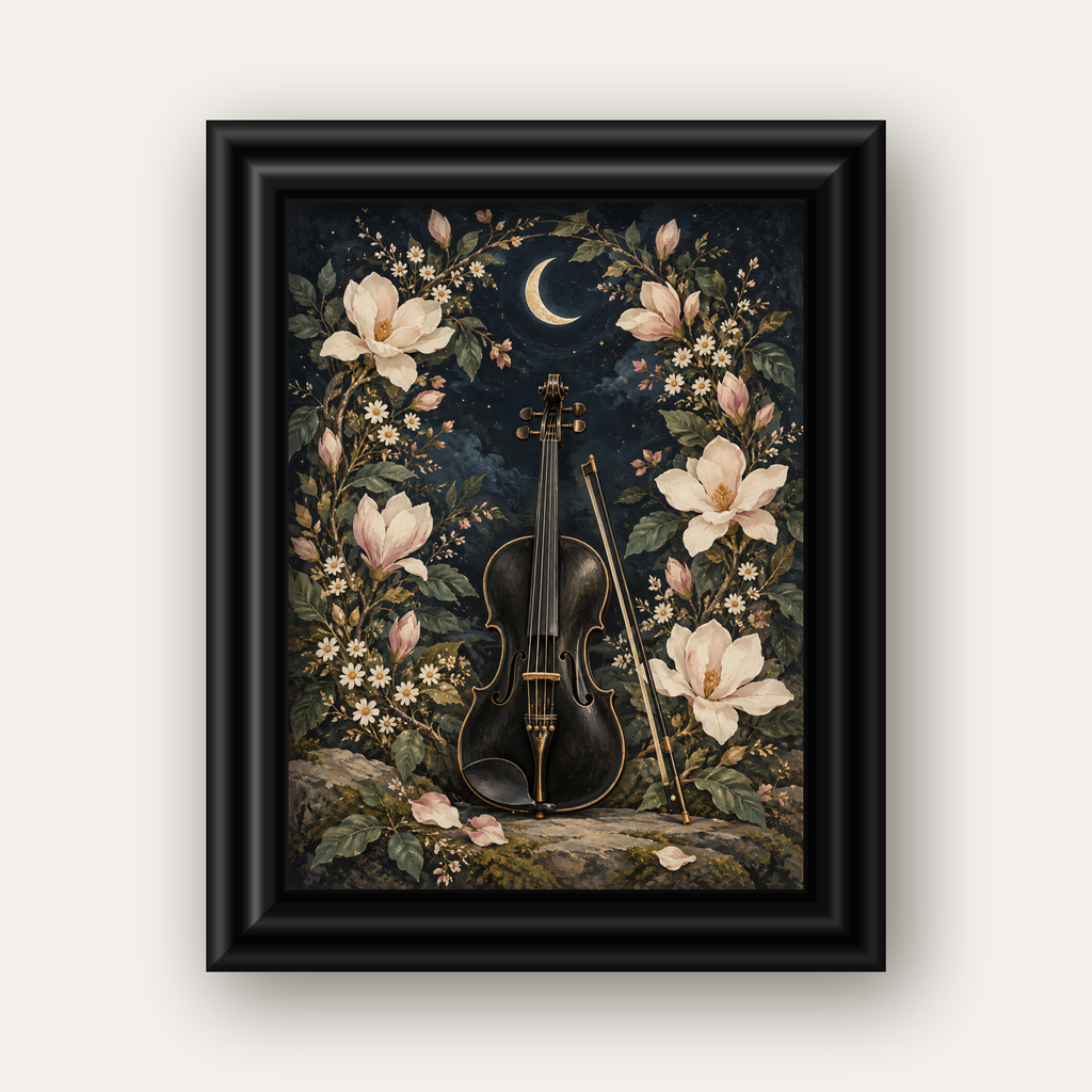 Keman ve Çiçekli Gece: Sanatsal Romantik Poster Baskı — siyah galeri çerçeveli