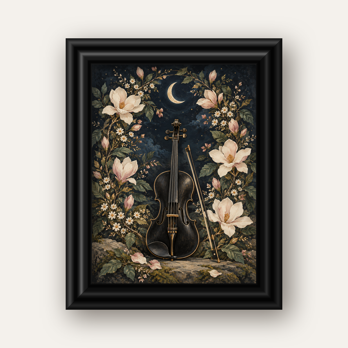 Keman ve Çiçekli Gece: Sanatsal Romantik Poster Baskı — siyah galeri çerçeveli